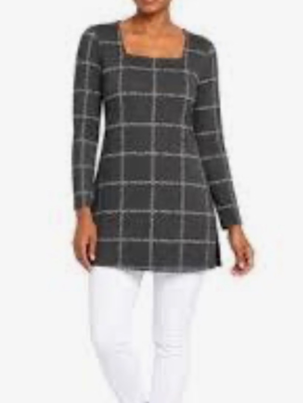 Christopher & Banks Gray Windowpane Tunic Longer Top Square Neck 1X Plus Soft